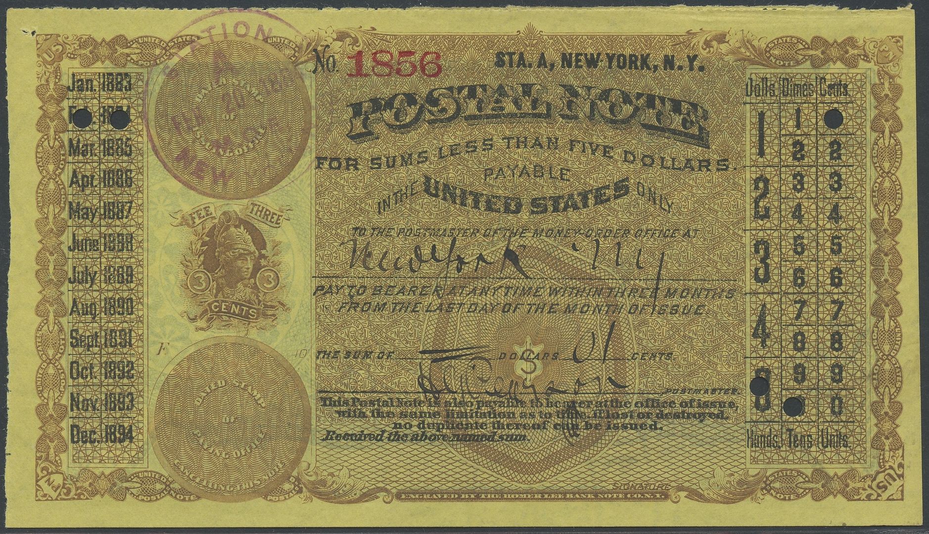 US POSTAL MONEY ORDER FEBRUARY 1884 POSTAL NOTE XFSUPERB NEW YORK, NY WLM91 eBay