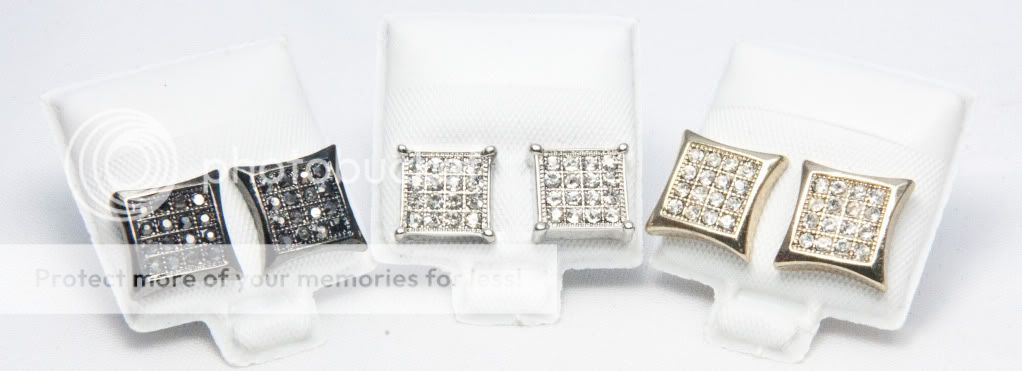   Mens Silver, Gold & Black Square Stainless Steel Zircon Studs Earrings