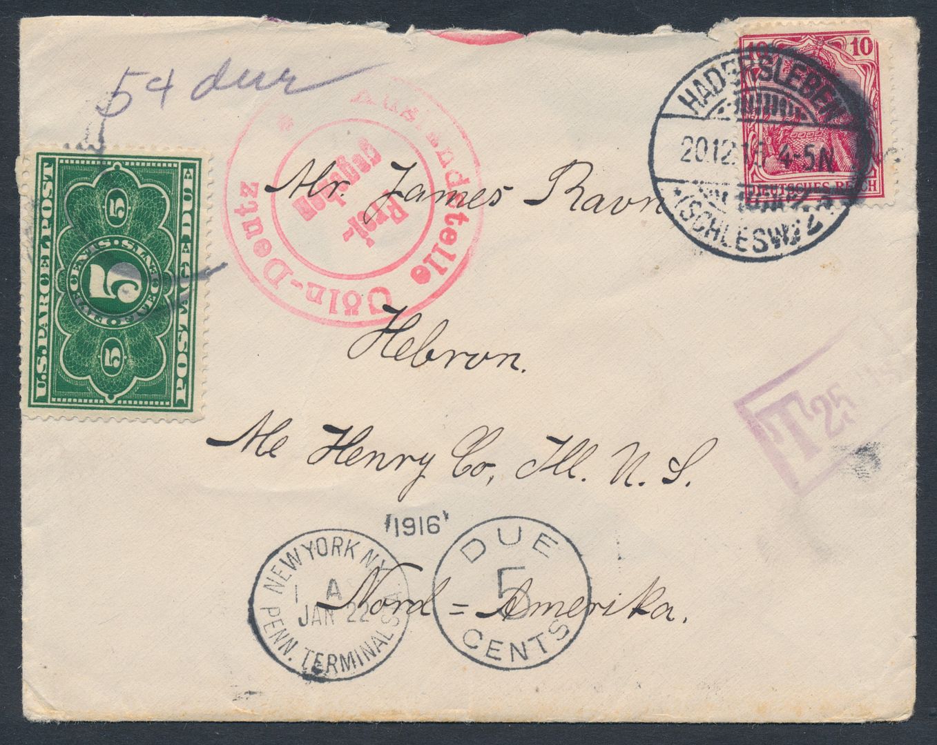 GERMANY #68 ON FOLDED LETTER W/ U.S. POSTAGE DUE #JQ3 ...