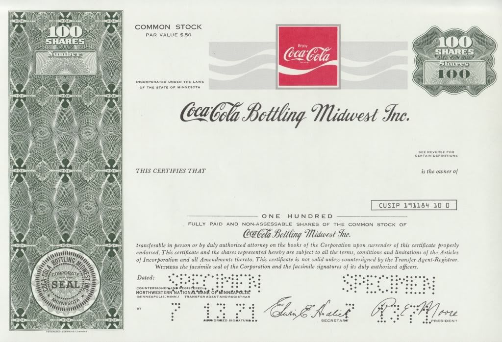Coca Cola Bottling Midwest Inc Specimen 2 Different Stock Certs Xf Hv711 Ebay