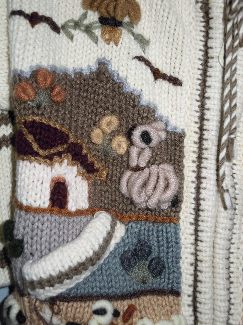 Handmade Knit Arpillera Style Peruvian Farm Life Zip Hooded Cotton Sweater 2