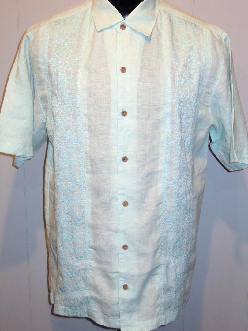 Tommy Bahama Short Sleeve Embroidered Linen Relax Cuban Style Camp Shirt Aqua M